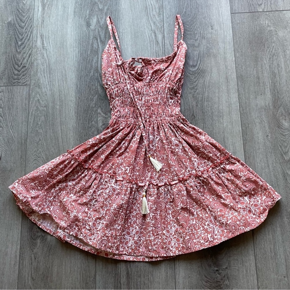 BEACHGOLD ROSA PAISLEY PRINT TASSEL CHINCHED MINI SUMMER SPRING DRESS SIZE XS